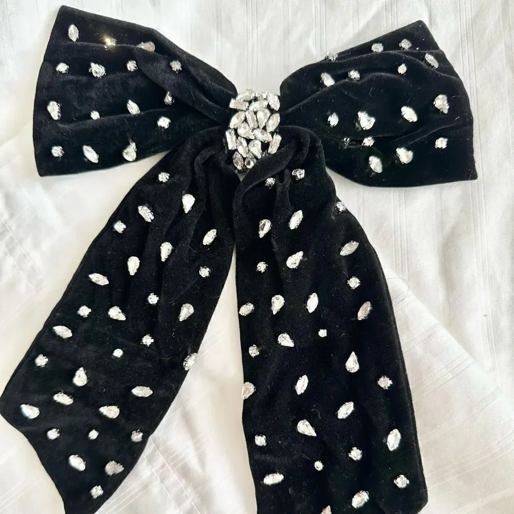 Black Velvet Rhinestone Bow Hair Barrette | NWT
